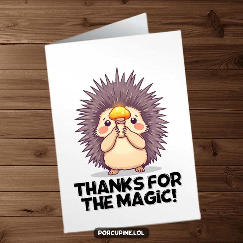 Funny Free Printable Thank You Card featuring a porcupine holding a small, softly glowing mushroom aloft.