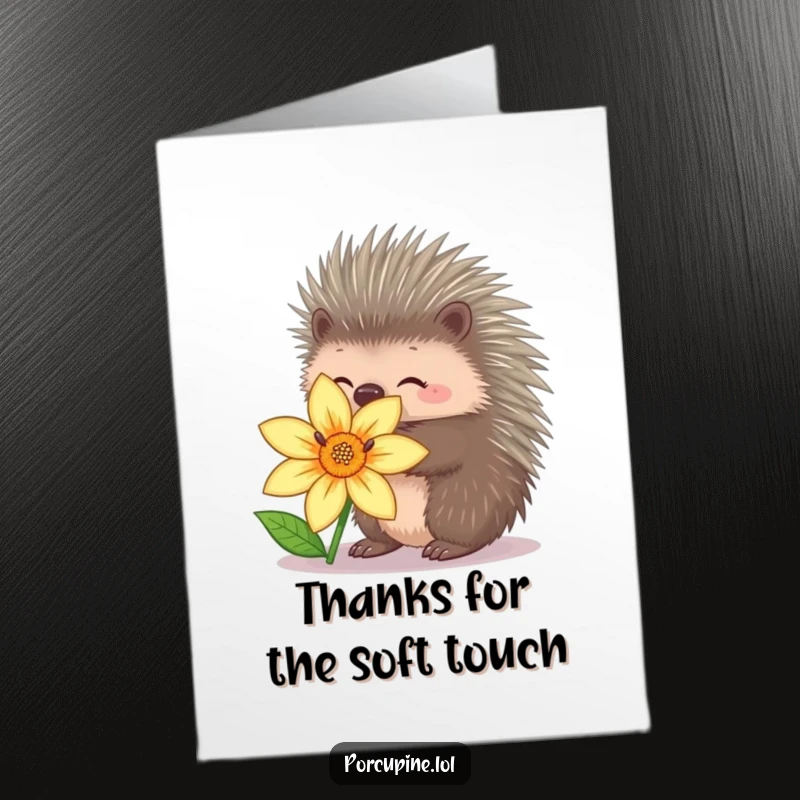 Funny Free Printable Thank You Card: Porcupine retracts its quills to give a flower a tender, funny hug.