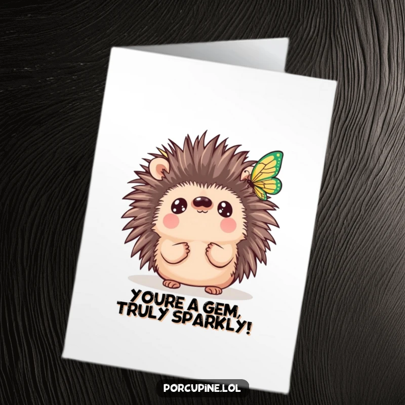 Funny Free Printable Thank You Card: A sweet kawaii porcupine with wide, curious eyes fixated on a beautiful, delicate butterfly.