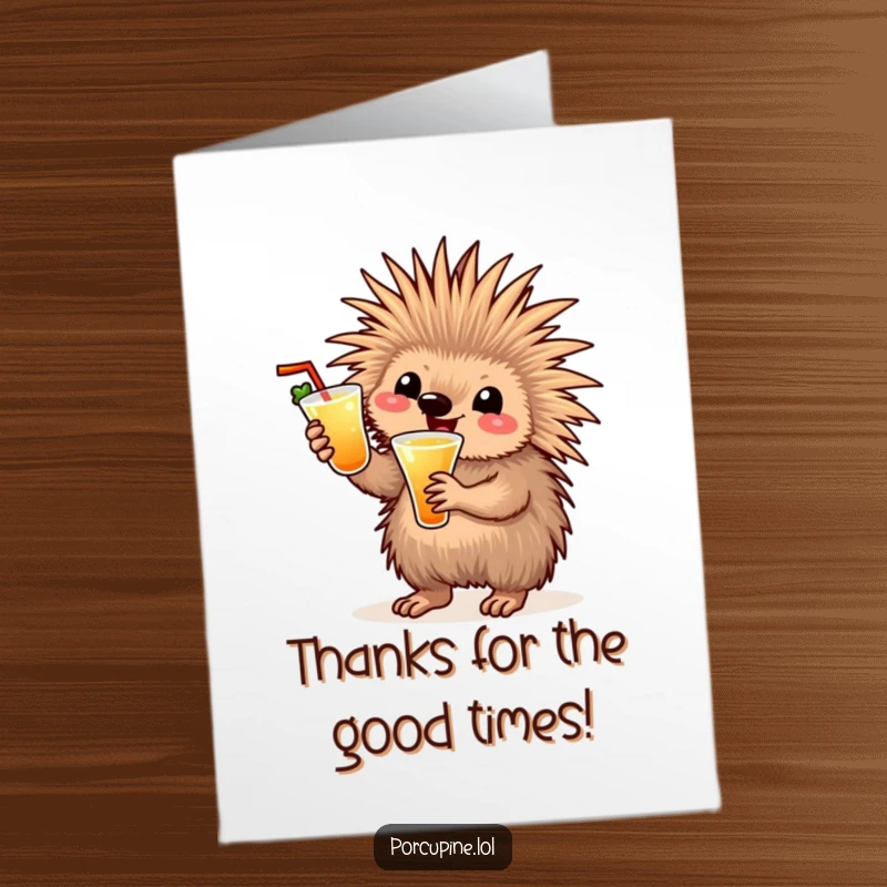 Funny Free Printable Thank You Card: A porcupine enthusiastically holds a cocktail and waves, sharing thanks with a grin.