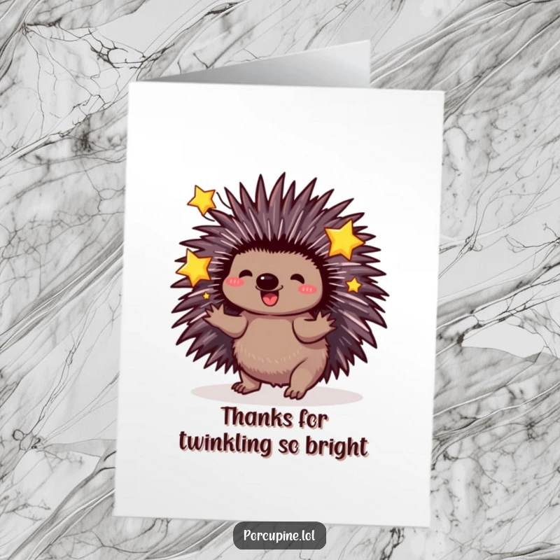 Magical Free Printable Thank You Card: A porcupine juggling three bright, sparkling stars to express thanks.