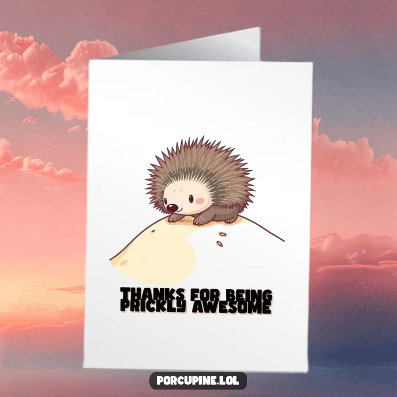 Funny Free Printable Thank You Card: A porcupine confidently slides down a sandy dune, a quirky way to say thanks.