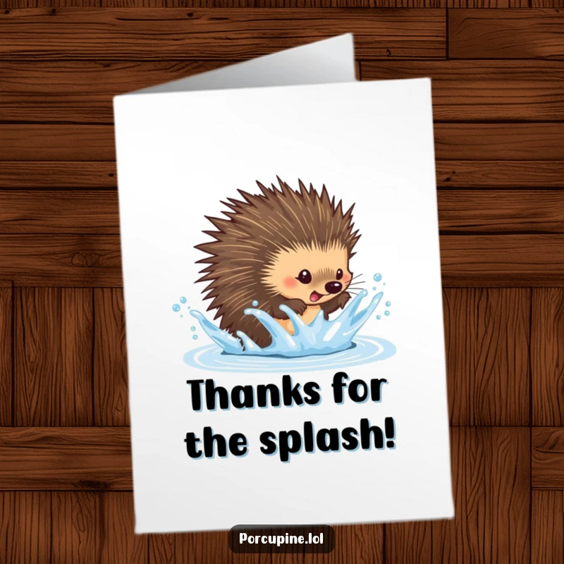 Funny Free Printable Thank You Card: A porcupine playfully dodges a water splash, with a look of surprised agility.