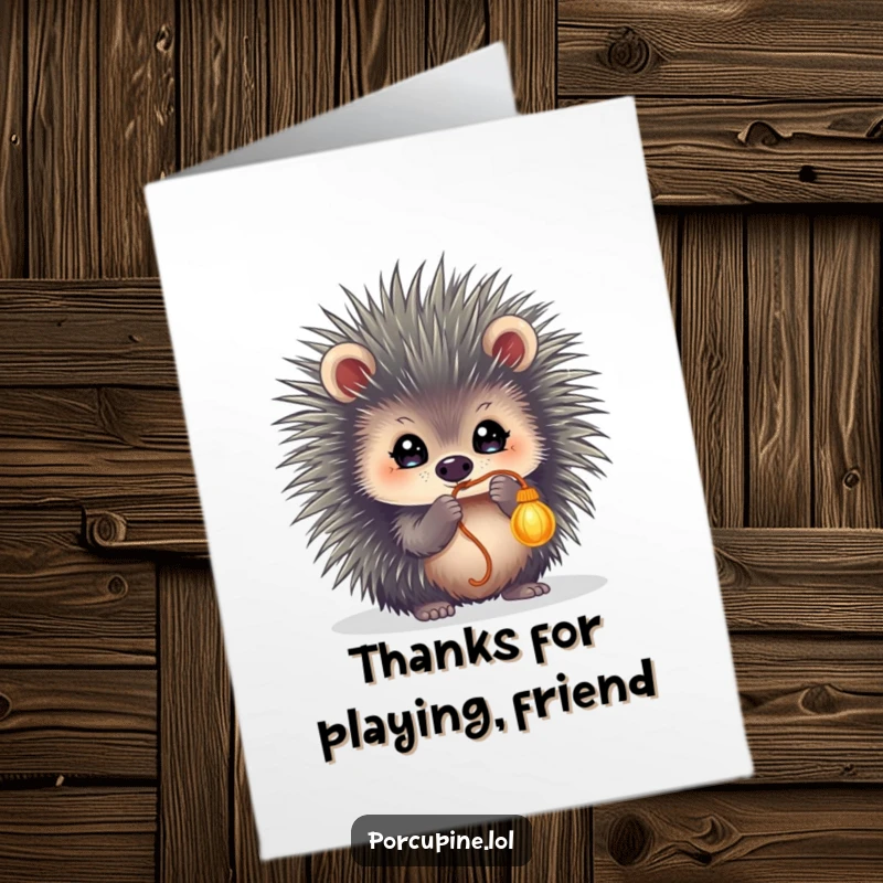 Funny Free Printable Thank You Card: A porcupine with shining eyes playfully bats at a dangling string, full of curious delight.