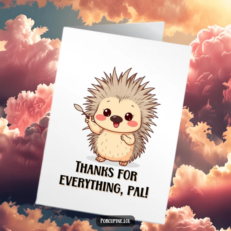 Funny free printable thank you card: an enthusiastic porcupine gestures with a single, gentle quill, showing gratitude.
