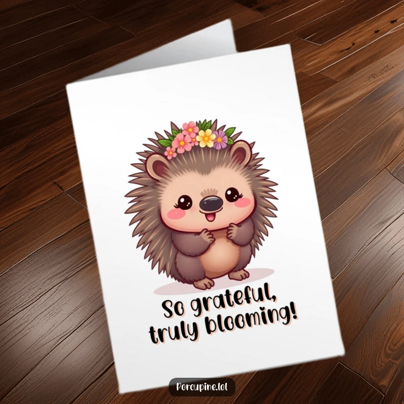 Funny Free Printable Thank You Card: A sweet kawaii porcupine wearing a charming flower crown, looking content and expressing thanks.