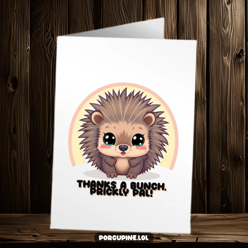 Funny Free Printable Thank You Card: A porcupine cautiously observes a rainbow, expressing thanks with humor.