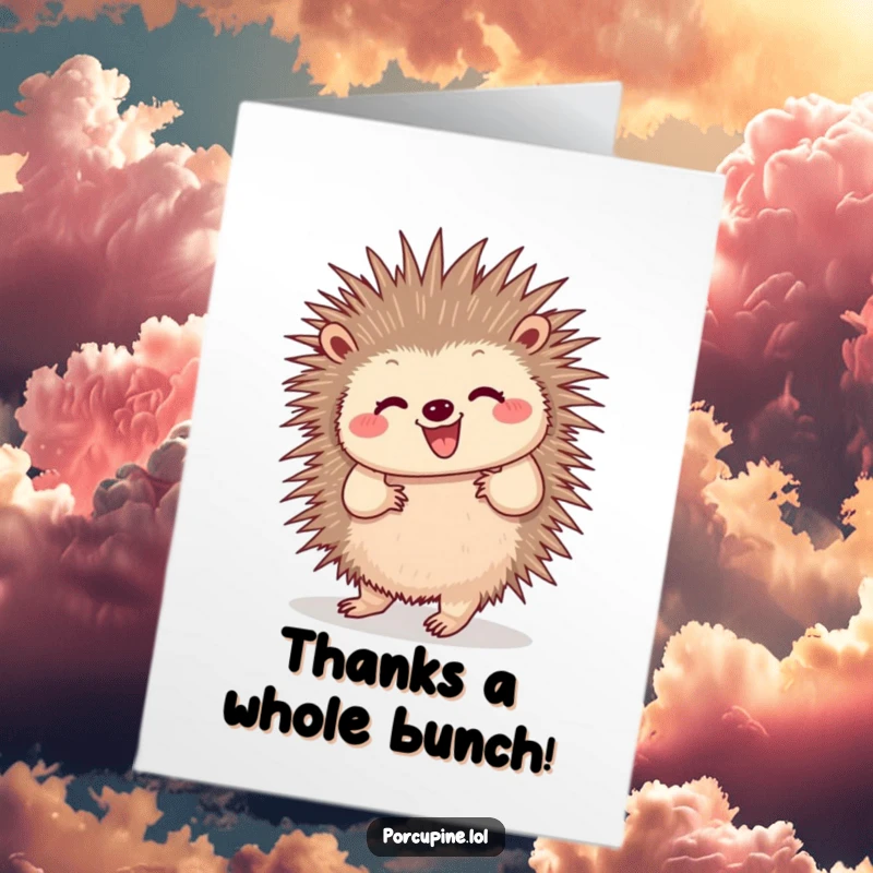 Funny Free Printable Thank You Card: Porcupine happily dancing with wiggling quills, conveying cheerful appreciation.
