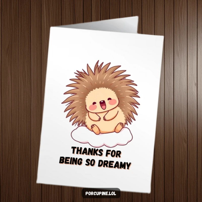 Cute Free Printable Thank You Card: A happy porcupine joyfully bouncing on a soft cloud to express thanks.