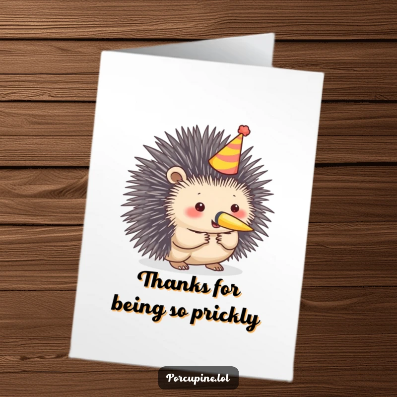 Funny Free Printable Thank You Card: A porcupine in a party hat blows a horn, expressing thanks humorously.