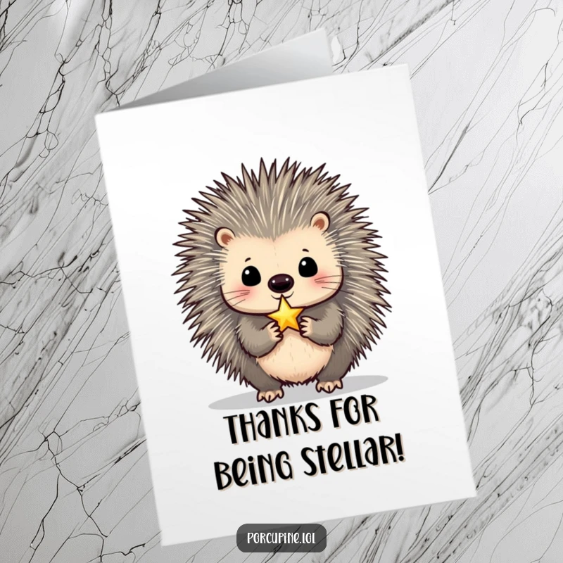 Funny free printable thank you card: a porcupine balances a tiny, shimmering star on its nose, a grateful gesture.
