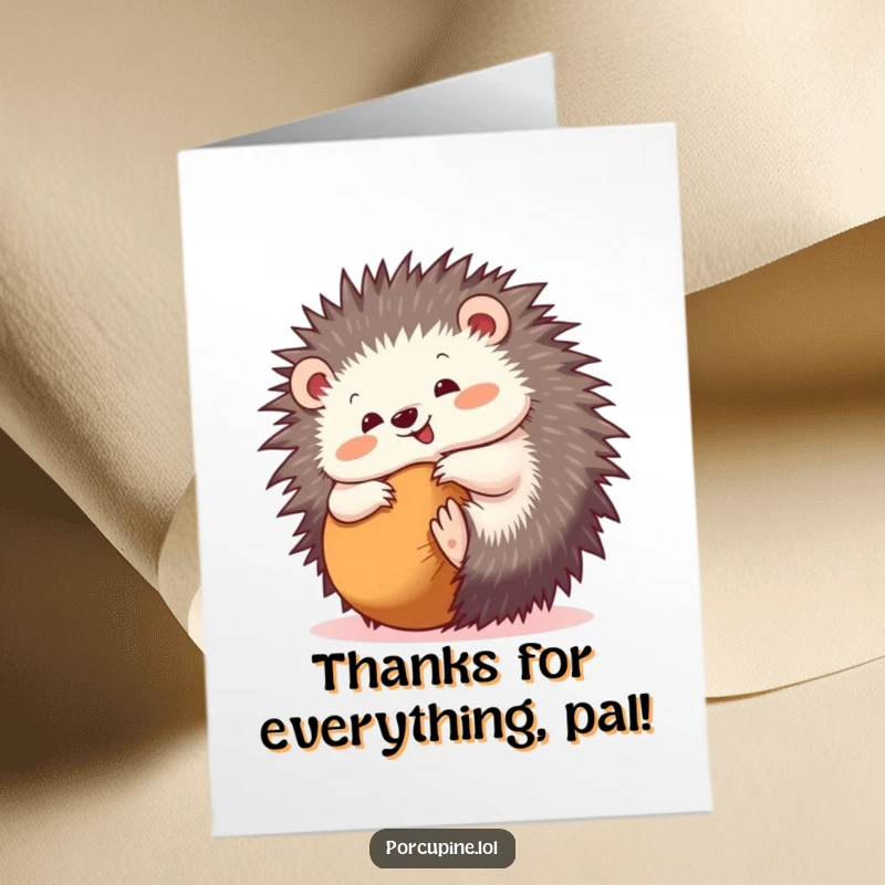 Funny Free Printable Thank You Card featuring a porcupine happily rolling into a ball, conveying thanks.