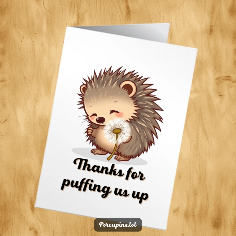 Funny Free Printable Thank You Card: A porcupine playfully pokes at a dandelion puff, conveying thanks with whimsy.