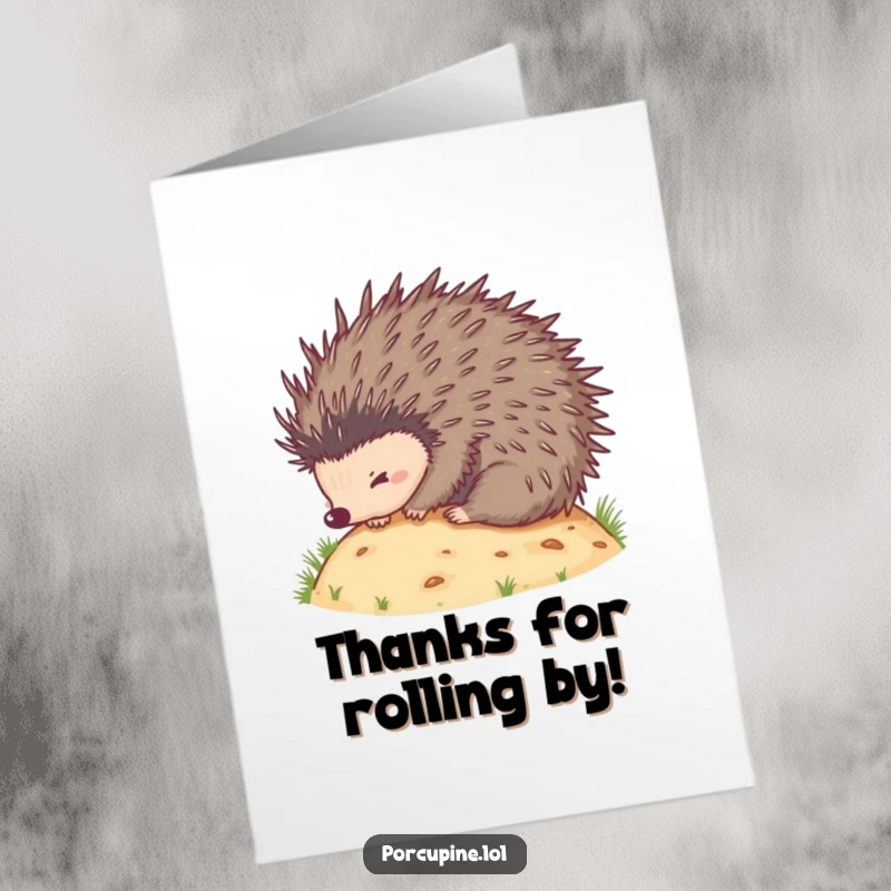 Funny free printable thank you card featuring a happy porcupine rolling downhill with quills spread wide.