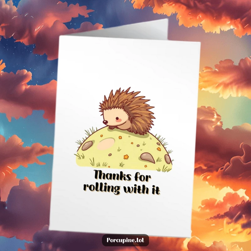 Funny free printable thank you card featuring a porcupine joyfully rolling down a grassy slope, expressing enthusiastic gratitude.