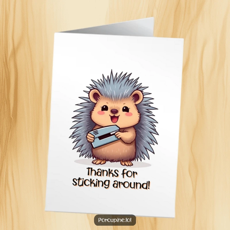 Funny free printable thank you card: A porcupine proudly displays a small stapler, indicating a job well done and thanking someone for help.