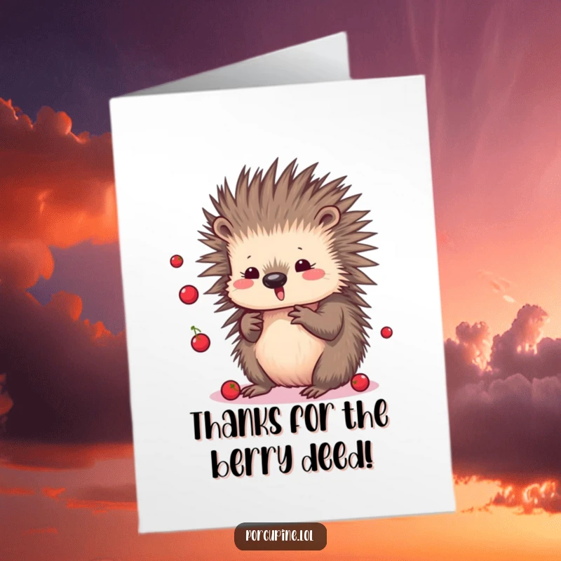 Funny Free Printable Thank You Card: A cheerful kawaii porcupine juggles tiny berries with glee, conveying thanks in a unique and charming way.