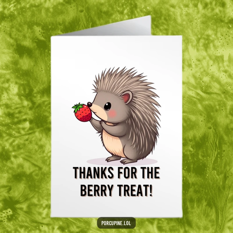 Funny free printable thank you card featuring a porcupine delicately balancing a juicy berry on the end of a quill.