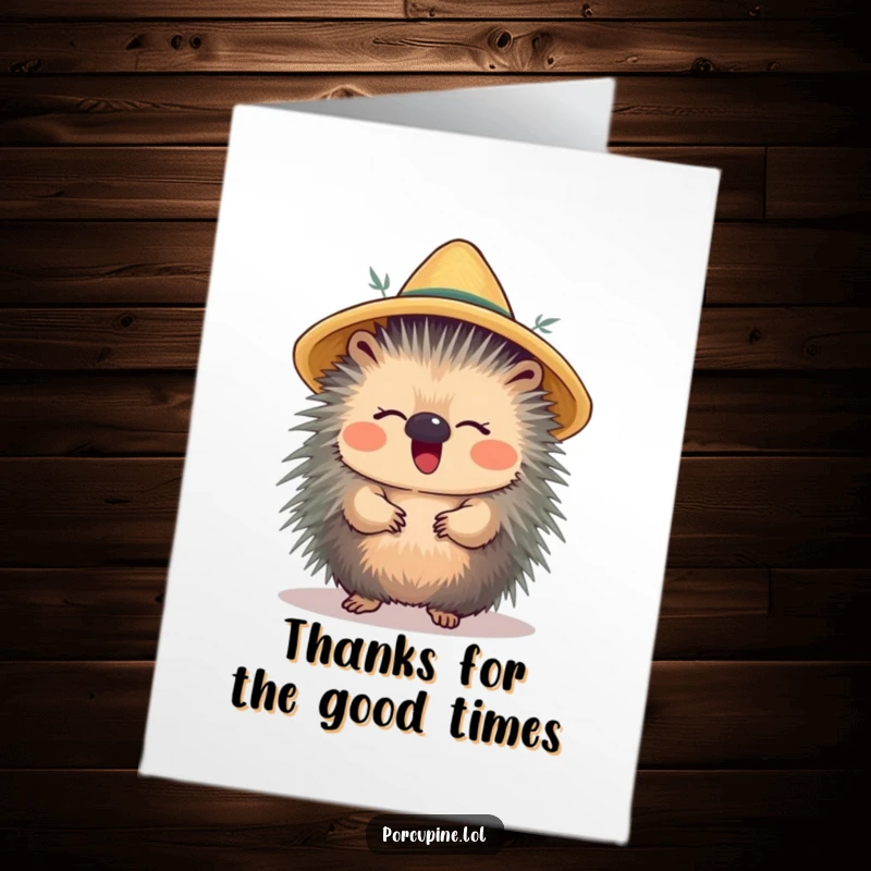 Funny Free Printable Thank You Card: A porcupine giggles sweetly while sporting a straw hat, a charming thank you gesture.