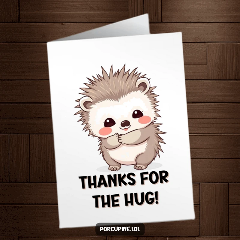 Funny Free Printable Thank You Card: Porcupine offering a prickly hug with a shy smile, conveying timid thanks.