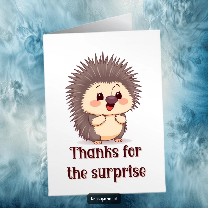 Funny free printable thank you card depicting a porcupine with a comically surprised face as a butterfly lands precisely on its nose.