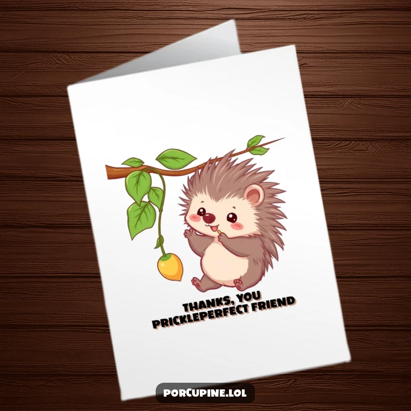 Funny Free Printable Thank You Card: A kawaii porcupine batting playfully at a vine, sending thanks with a whimsical touch.