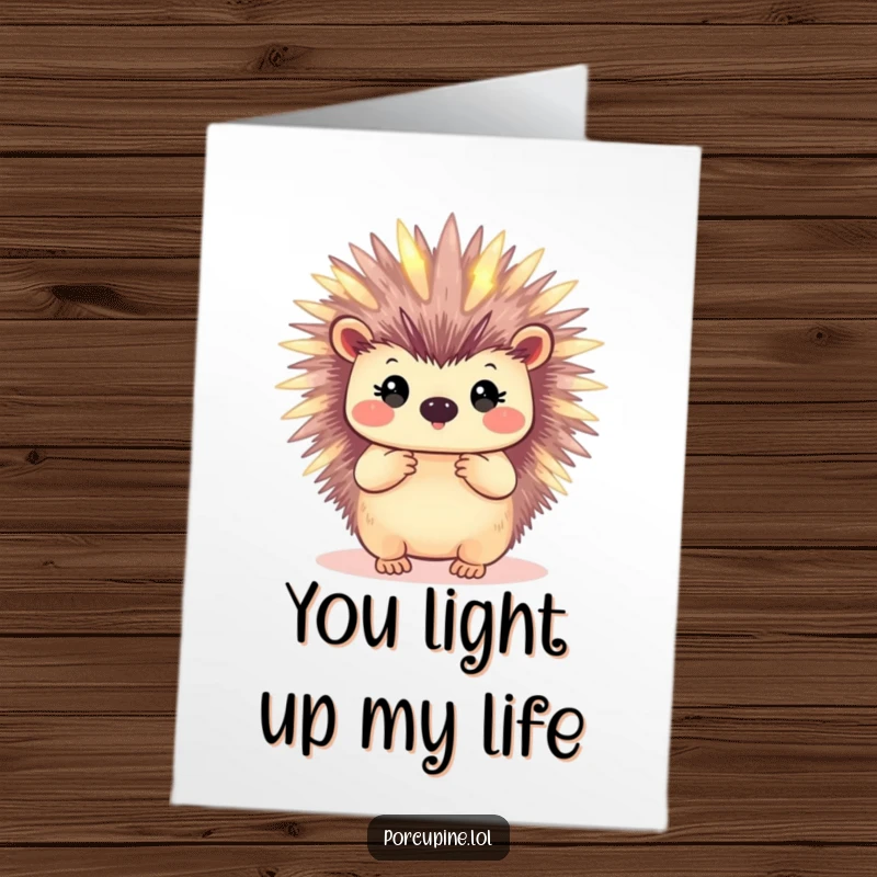 Funny free printable thank you card featuring a porcupine whose quills softly glow, illuminating a heartfelt message of thanks.