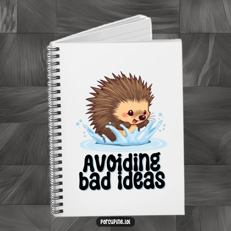 Funny dodging porcupine notebook with a porcupine playfully dodging a water splash, ideal for jotting down ideas and notes.