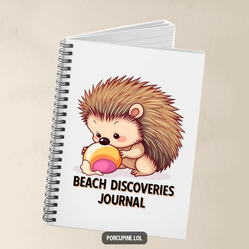 Funny seashell porcupine notebook with a porcupine curiously inspecting a seashell, ideal for jotting down discoveries and notes.