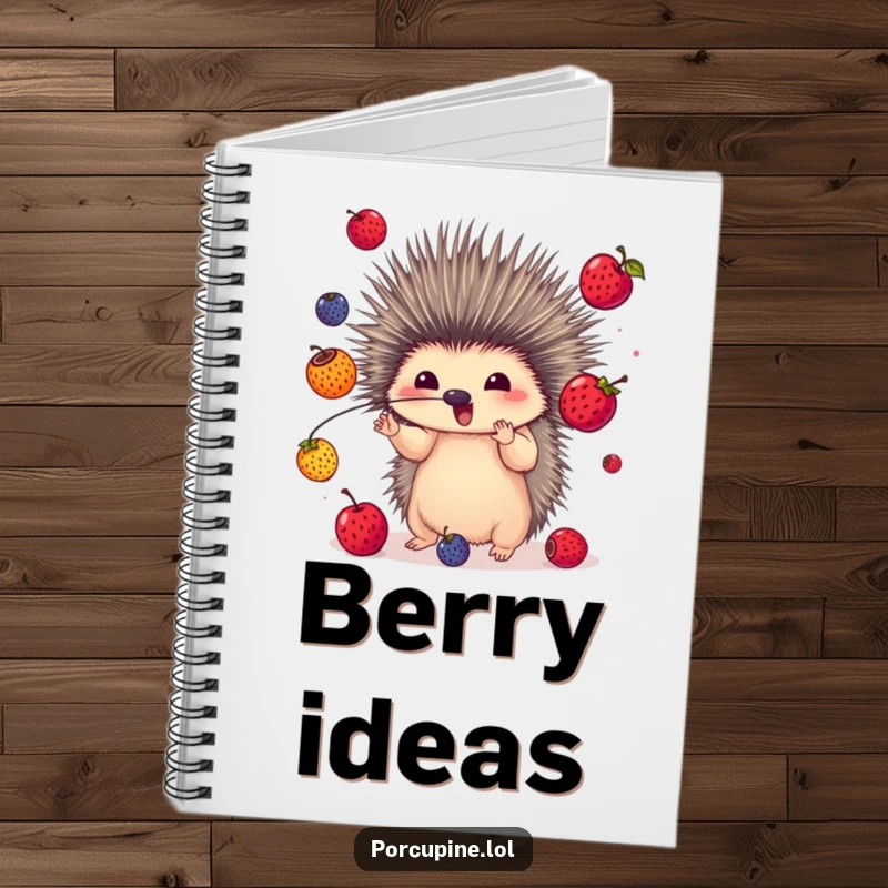 Funny notebook featuring a porcupine juggling colorful berries with its quills, inspiring users to capture ideas with creativity and humor.