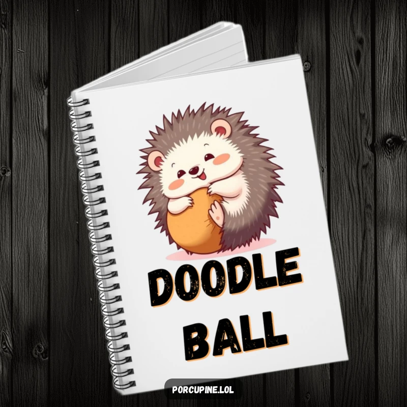 Funny notebook depicting a porcupine playfully rolling into a ball with a happy expression, inspiring creative thoughts and doodles.