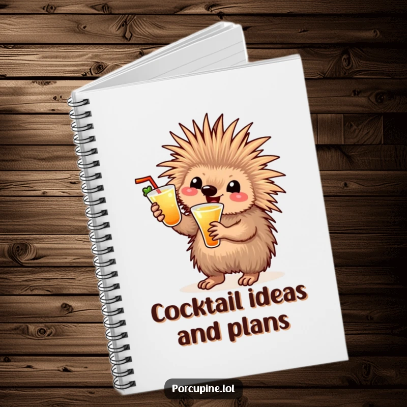 Funny cocktail porcupine notebook with a cheerful por porcupine holding a drink and waving, ideal for jotting down party plans or notes.
