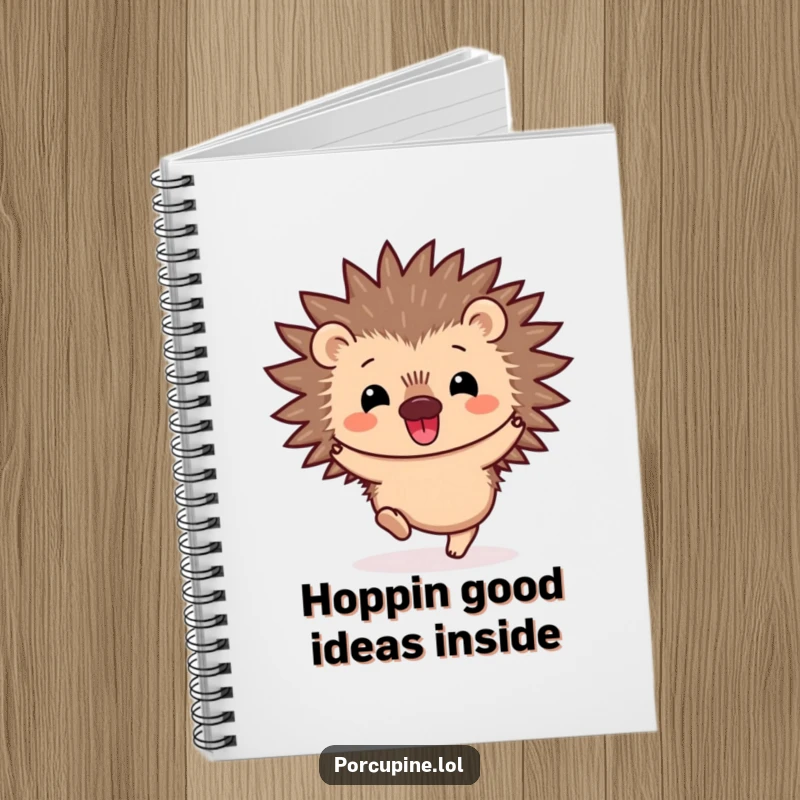 Funny Kawaii Porcupine Notebook: A smiling porcupine in a joyful hop, perfect for jotting down notes with a touch of prickly cuteness and humor.