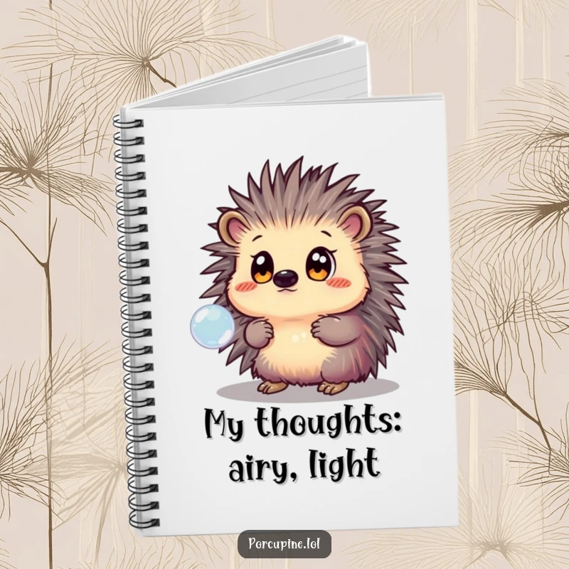 Funny Notebook cover featuring a porcupine with an expression of wonder, watching a shimmering bubble float by, inspiring creativity.