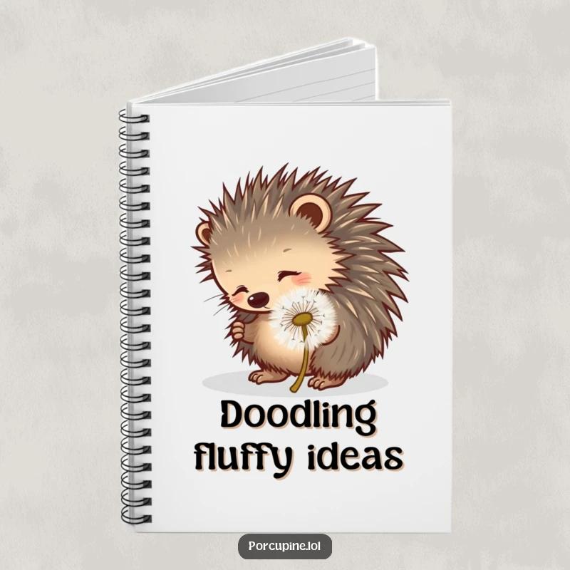 Funny porcupine notebook featuring a porcupine playfully poking a rolling dandelion puff, designed for whimsical and humorous note-taking.