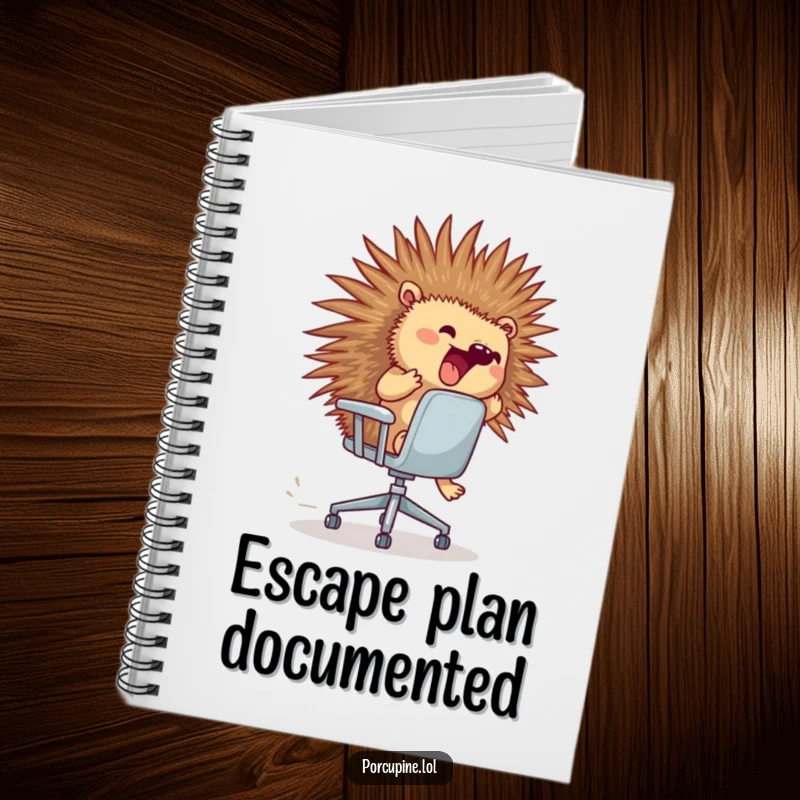 Funny porcupine notebook cover with a porcupine excitedly riding a runaway rolling office chair.