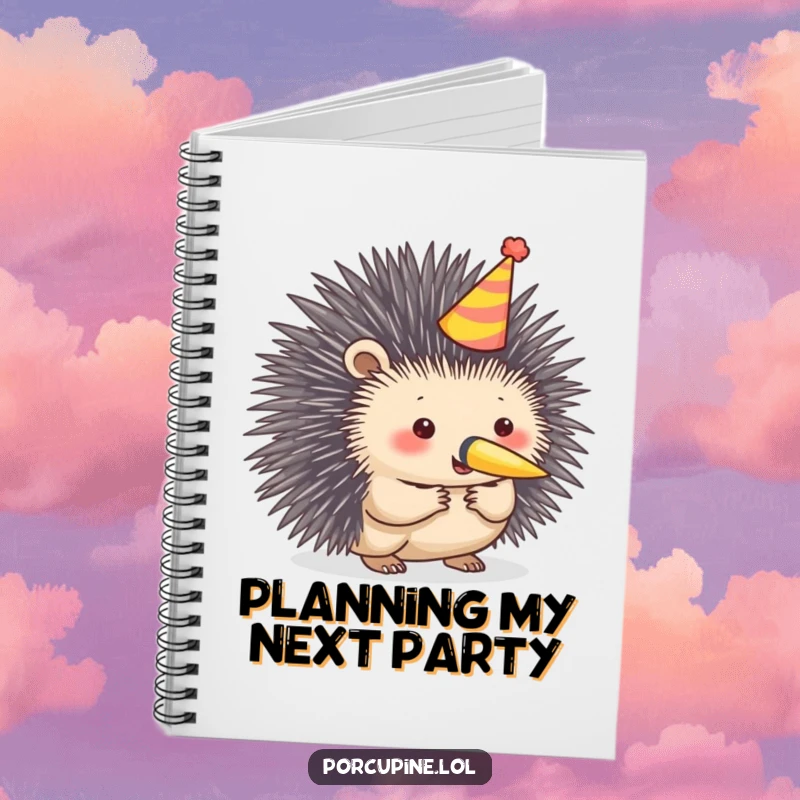 Funny porcupine notebook featuring a porcupine in a party hat with a horn, designed for fun party planning.