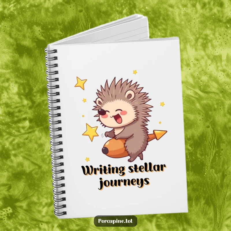 Funny Porcupine Notebook: A porcupine giggling while riding a shooting star, perfect for writing adventurous thoughts.