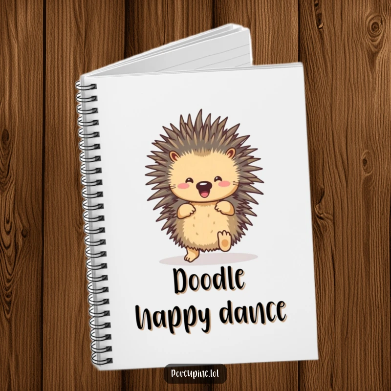 Funny porcupine shuffle notebook with a happy dancing porcupine on the cover, ideal for jotting down cheerful thoughts.