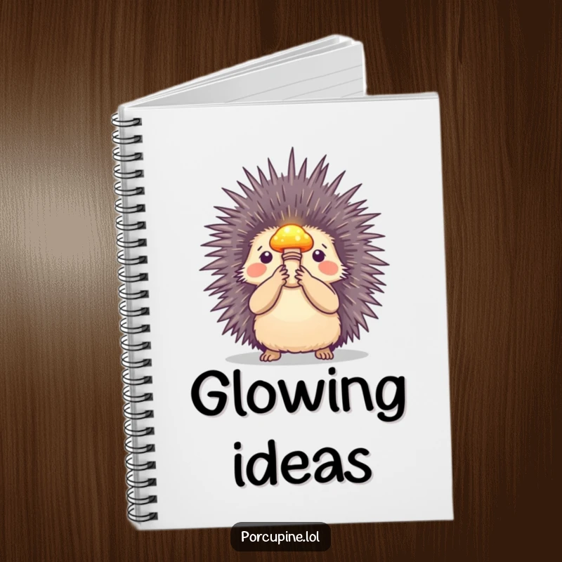 Funny notebook featuring a porcupine holding a small, glowing mushroom, inspiring users to capture ideas with magic and humor.