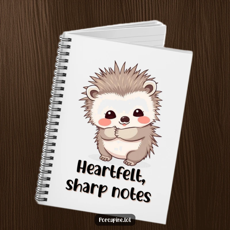 Funny notebook with a porcupine offering a prickly hug and a shy smile, perfect for jotting down ideas with a humorous and charming twist.