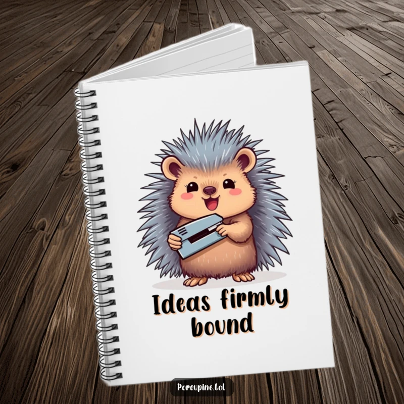 Funny notebook cover with a porcupine holding a miniature stapler triumphantly, perfect for jotting down successful ideas.