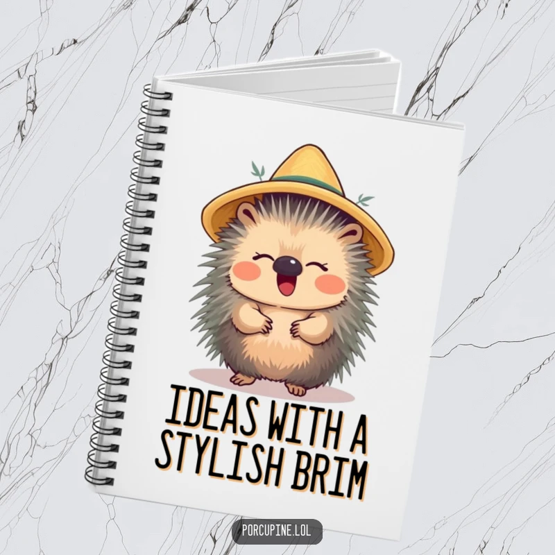 Funny notebook cover with a porcupine wearing a straw hat and giggling, perfect for capturing creative thoughts with humor.
