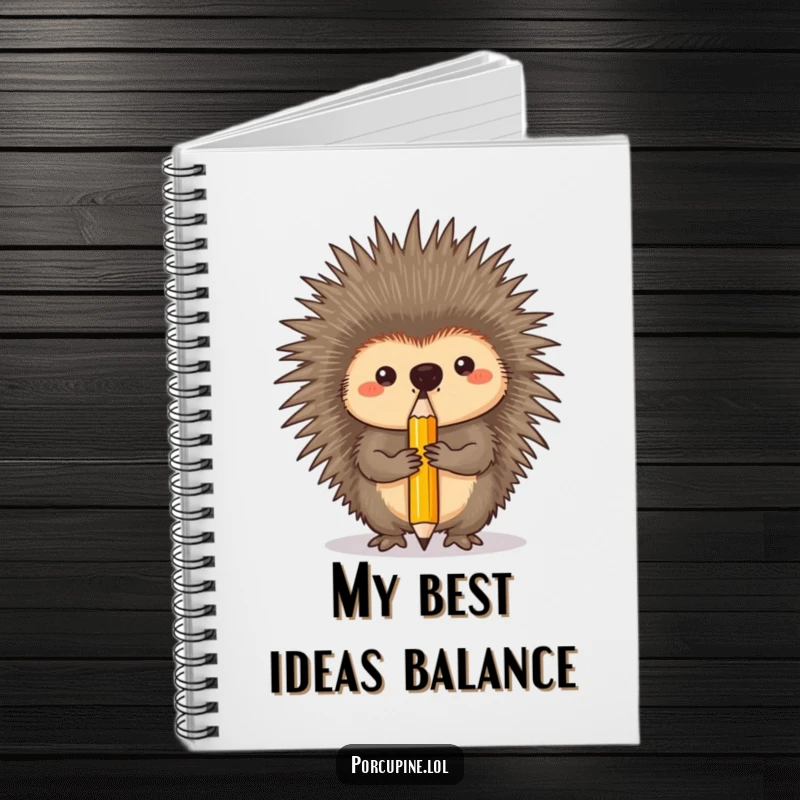 Funny notebook cover with a porcupine concentrating intently while balancing a pencil on its nose, great for note-taking.