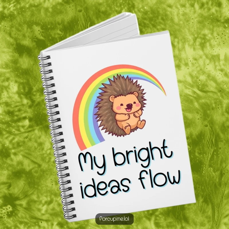 Funny Porcupine Notebook: A ruled notebook with a cover depicting a porcupine sliding down a rainbow arc with a whooshing sound, great for note-taking.