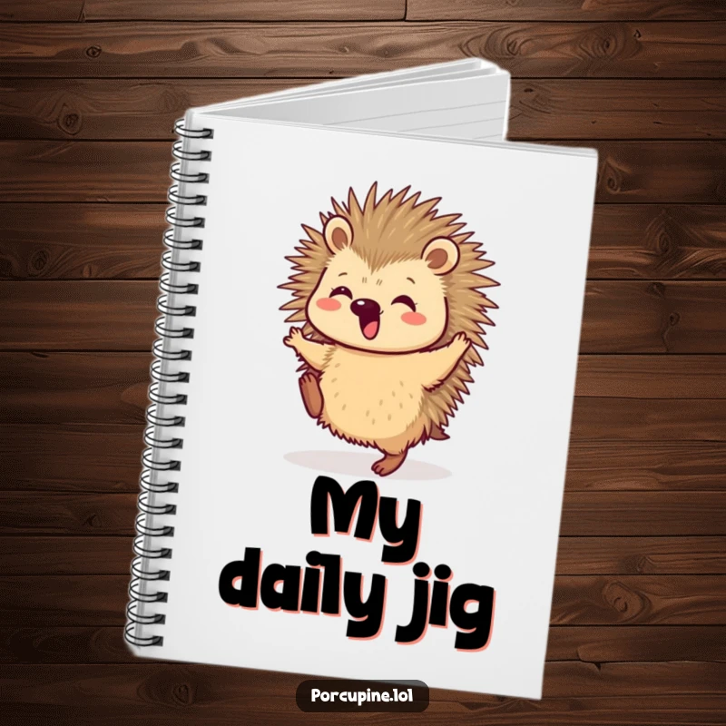 Funny Notebook cover featuring a porcupine gleefully dancing, its hind legs kicking up, inspiring creative expression and joyful ideas.