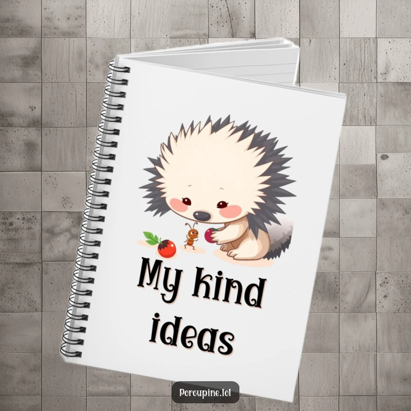 Funny notebook cover featuring a porcupine sharing a berry with a tiny ant, ideal for journaling with a message of kindness.