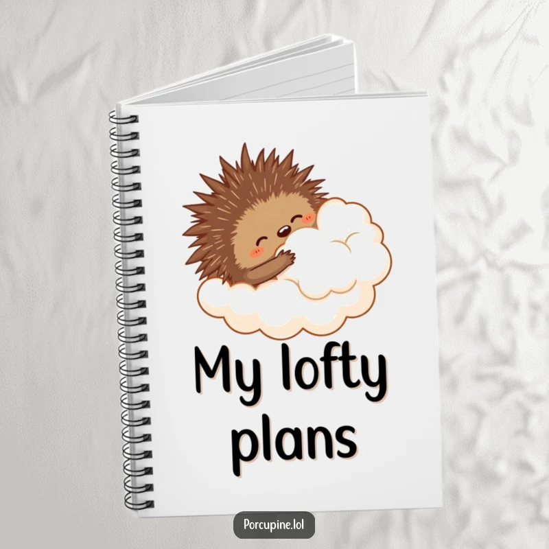 Funny notebook cover featuring a porcupine comically attempting to hug a cloud, perfect for jotting down ambitious thoughts.