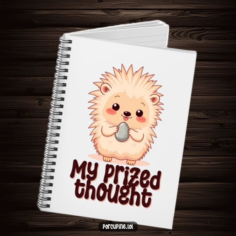 Funny notebook featuring a happy porcupine presenting a single, shiny pebble, ideal for jotting down thoughtful ideas.