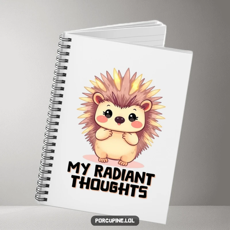 Funny notebook cover with a porcupine whose quills emit a soft glow, ideal for journaling with a touch of magic.